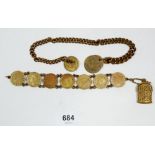 A bracelet of sixpences with miniature antique gilt brass coin or chatelaine purse and a brass fob