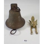 An old bell and a brass fox door knocker, 17cm