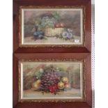 Two Victorian oil under glass still life paintings of fruit and flowers, signed, in gilt and