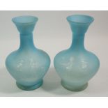 A pair of Mary Gregory style pale blue satin finish glass vases painted boy and girl holding