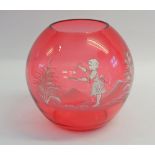A cranberry spherical Mary Gregory style glass vase painted girl in landscape, 17cm tall