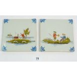 Two Delft style pottery tiles, 12.5cm square