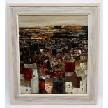 A large modern impasto oil on board townscape 75 x 63cm