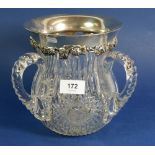 An American cut glass and silver mounted large three handled cup - glass cracked and repaired,