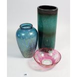 A lustred glass vase, a pink flashed glass dish and a lustred pottery vase, 22cm tall