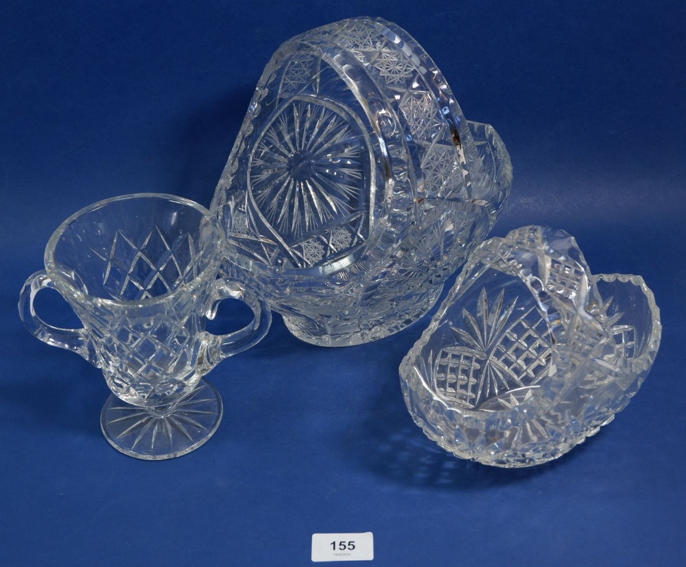 Two cut glass baskets and a vase, 15cm tall