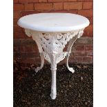 A Victorian cast iron circular bar or garden table with mask decoration and painted wooden top (