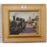 Alan Ward - small oil on board steam train at a station, 19 x 23cm