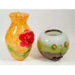 Two large glass vases with applied decoration, one by Weo with face design, tallest 25cm