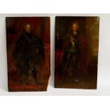 A pair of late 17th or early 18th century oil on panel full length portraits of gentlemen 41.5 x