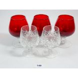 Six cranberry style Brandy glasses and six smaller cut glass brandy glasses