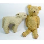 An early 20th century mohair soft toy lamb and a gold mohair teddy bear 48cm