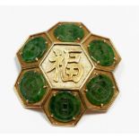 A 14k gold Chinese hexagonal brooch set jade panels, 10.8g