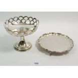 A Harrods silver plated small salver on claw feet and a silver plated tazza with pierced top