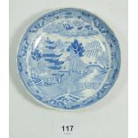A Miles Mason blue and white saucer with square S mark to reverse