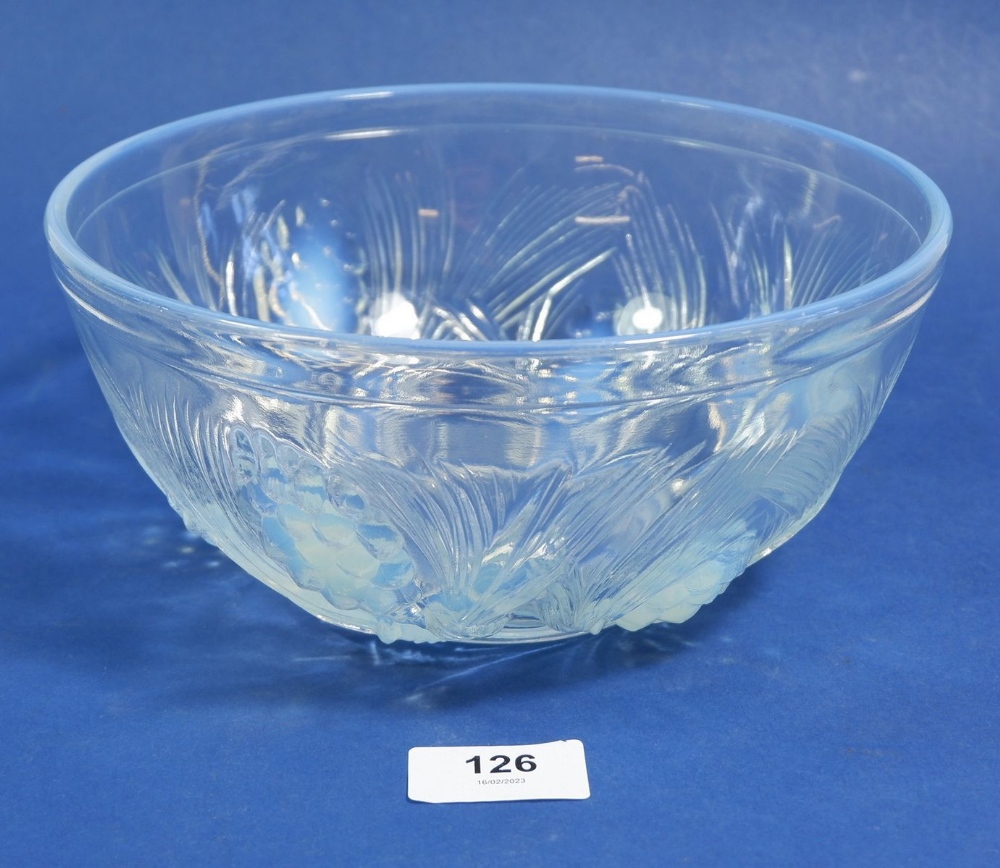 A Lalique style glass bowl moulded pine cones with registration mark