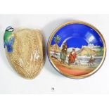 A Falcon Ware blue tit wall pocket and a bowl painted classical scene