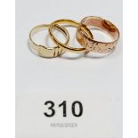 A 22 carat gold wedding ring, 3.4g and two 9 carat gold rings, 5.3g