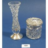 A silver mounted cut glass toiletry jar, Birmingham 1988 and a cut glass and silver vase, 17.5cm