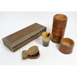 A group of treen including India carved box, spice box, pocket watch holder - all with faults