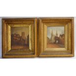 M M Jacobi - a pair of oil on canvas street scenes, 29 x 24cm