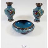 Two minature cloisonne enamel vases, 10cm and a bowl decorated dragon