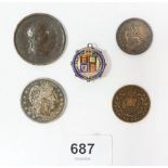 Miscellaneous lot of coinage including: Encased gilt sixpence 1887 with enamel, George III 1807