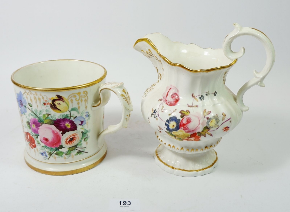 A Victorian floral painted jug, 21cm tall and a Victorian large mug painted flowers for "Edward