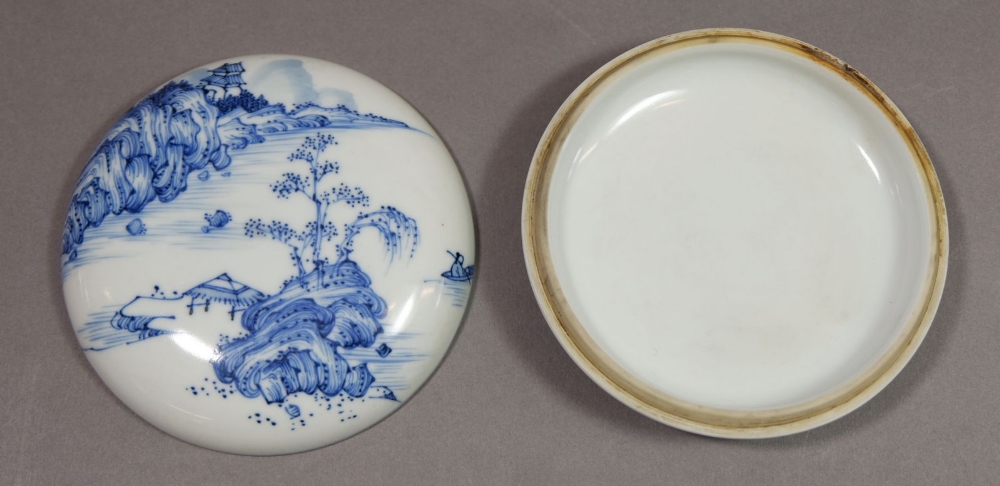 A Chinese blue and white traditional ink paste circular box decorated landscape motifs to top and - Image 2 of 9