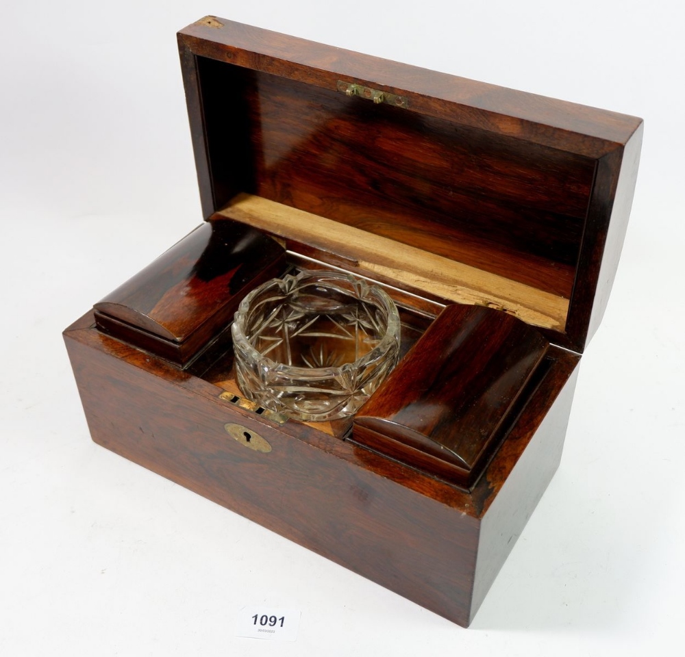 A 19th century rosewood tea caddy with two fitted boxes and glass bowl, hinge a/f, 30cm