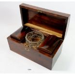 A 19th century rosewood tea caddy with two fitted boxes and glass bowl, hinge a/f, 30cm