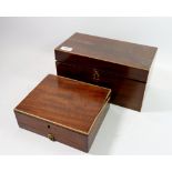 A 19th century mahogany tea caddy with no interior and a mahogany jewellery box with boxwood