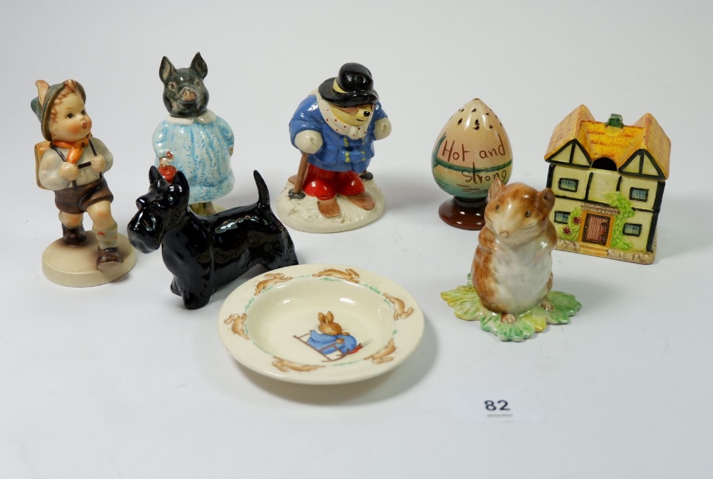 A group of figures including Beswick Beatrix Potter Pig Wig, Timmy Willie, a Beswick dog, Hummel Boy