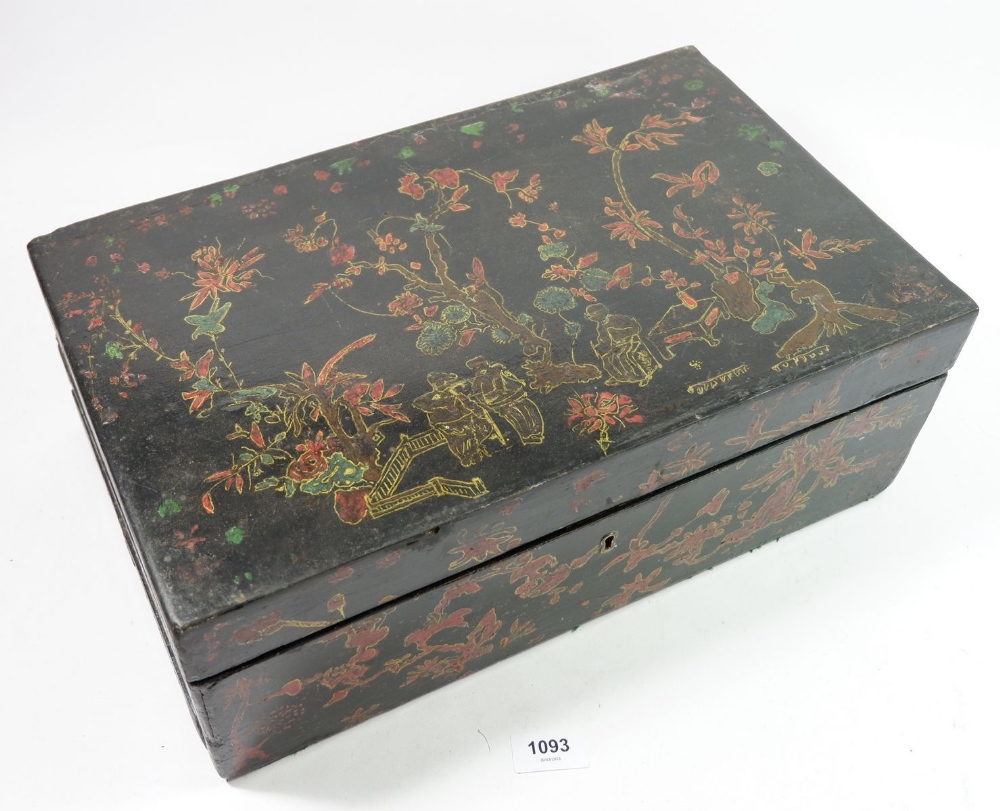 A 19th century chinoiserie writing slope with painted decoration and fitted interior, 42cm wide