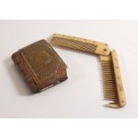 A Victorian brass book form vesta and stamp holder and a folding bone comb