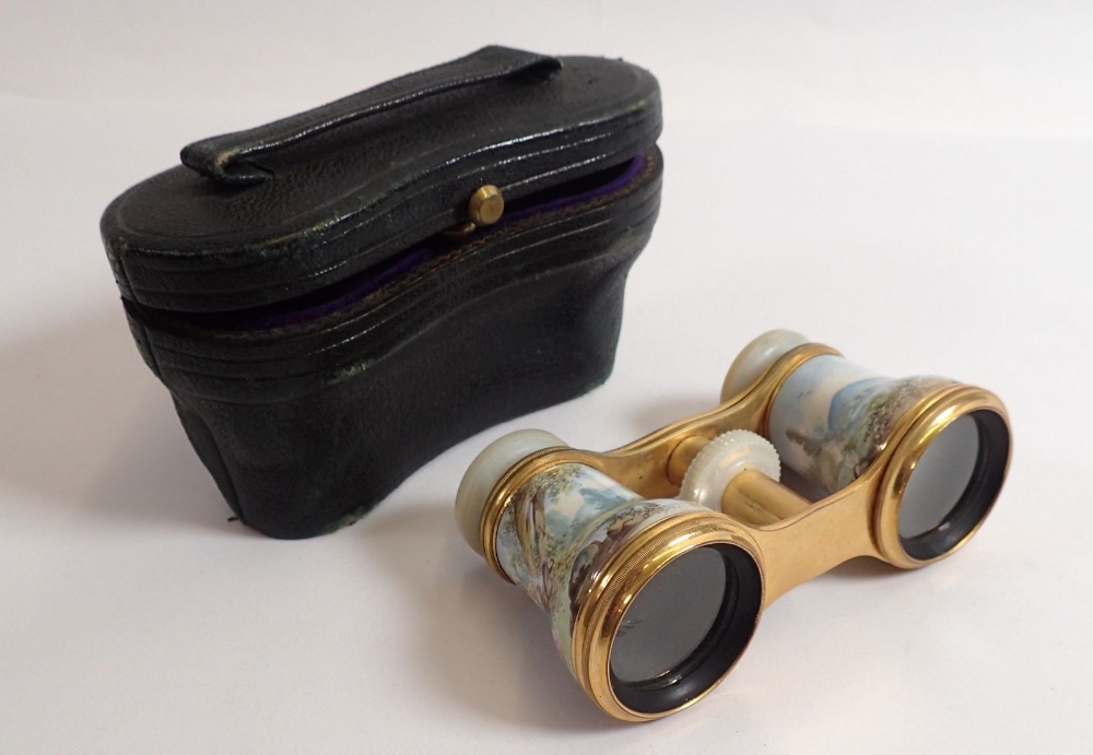 A pair of late 19th century enamelled opera glasses decorated rococo landscape scenes with mother of - Image 2 of 4