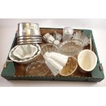 A box of kitchenalia including jelly moulds and Bermaline loaf tins, therometer etc
