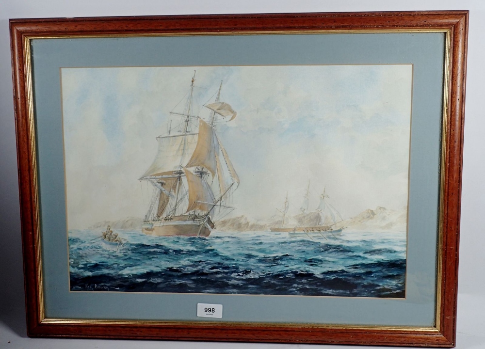 Ken Bowen - watercolour sailing ship off rocky coast, 51 x 34cm