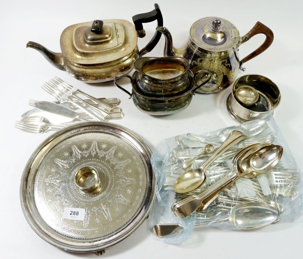 Various silver plated items including circular salver and bottle coaster