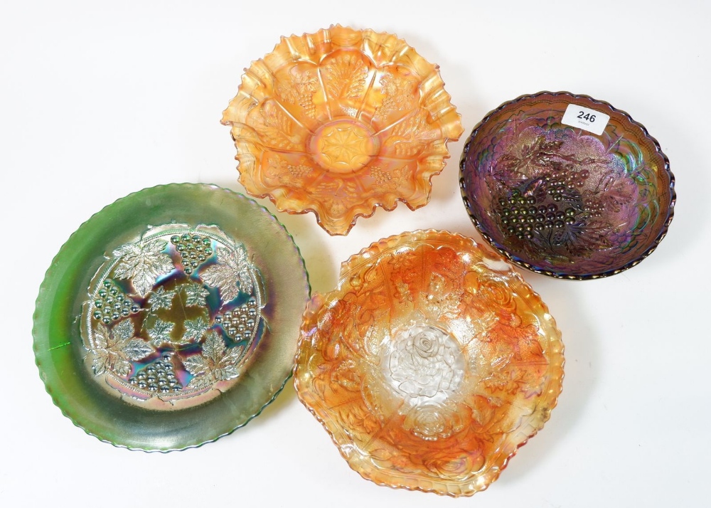 Four various carnival glass bowls, one a/f largest 23cm diameter