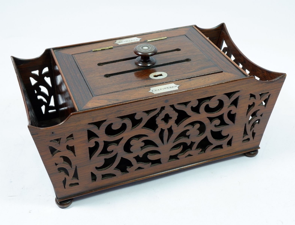 A fine Victorian rosewood and mother of pearl correspondence box with compartments for letters '