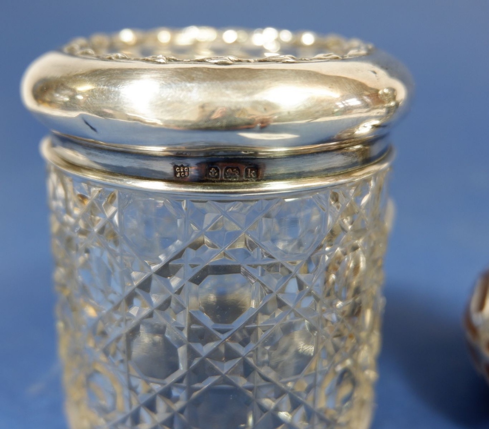 A silver encased scent bottle and a dressing table jar with silver lid, Birmingham 1909 - Image 2 of 2