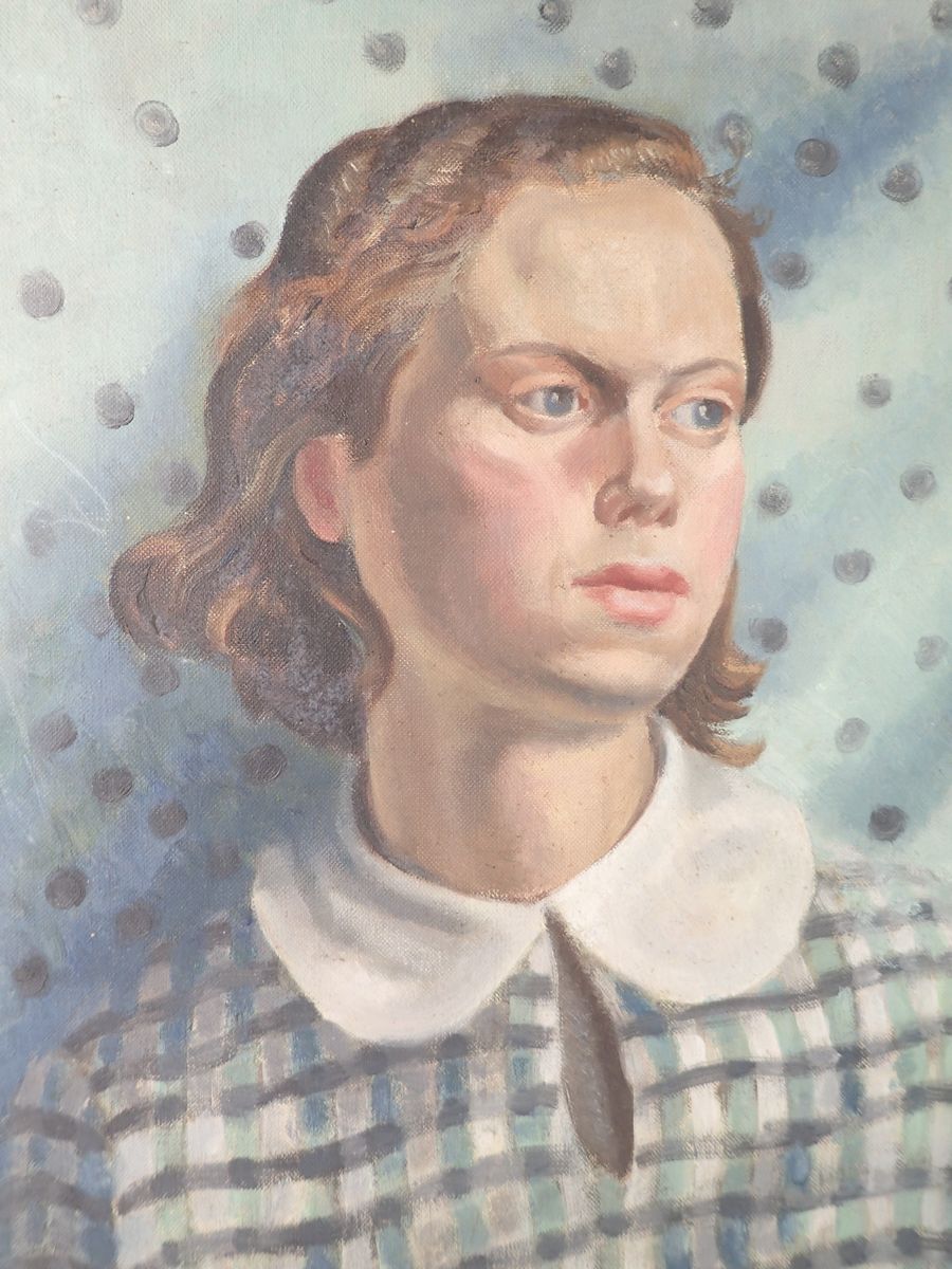B Fleetwood Walker - oil on canvas portrait of a girl in blue checked dress, 51 x 41cm, signed and - Image 4 of 5