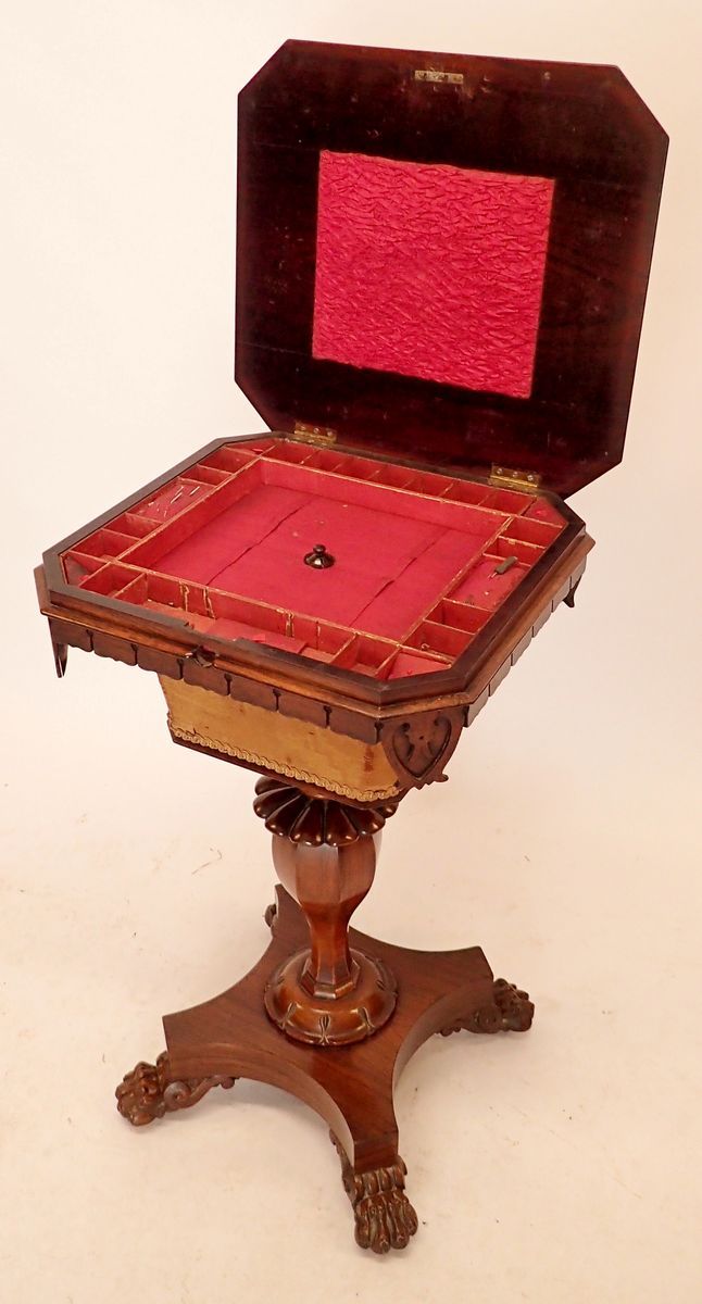 A 19th century rosewood sewing table with square top enclosing well, all on carved column and - Image 2 of 4