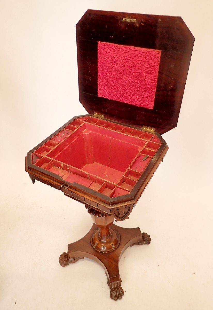 A 19th century rosewood sewing table with square top enclosing well, all on carved column and - Image 3 of 4