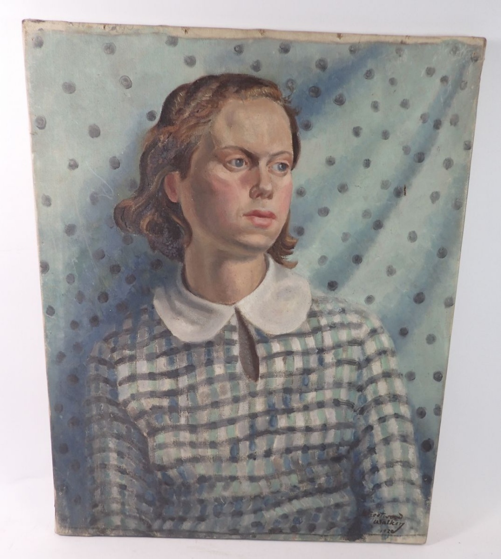 B Fleetwood Walker - oil on canvas portrait of a girl in blue checked dress, 51 x 41cm, signed and