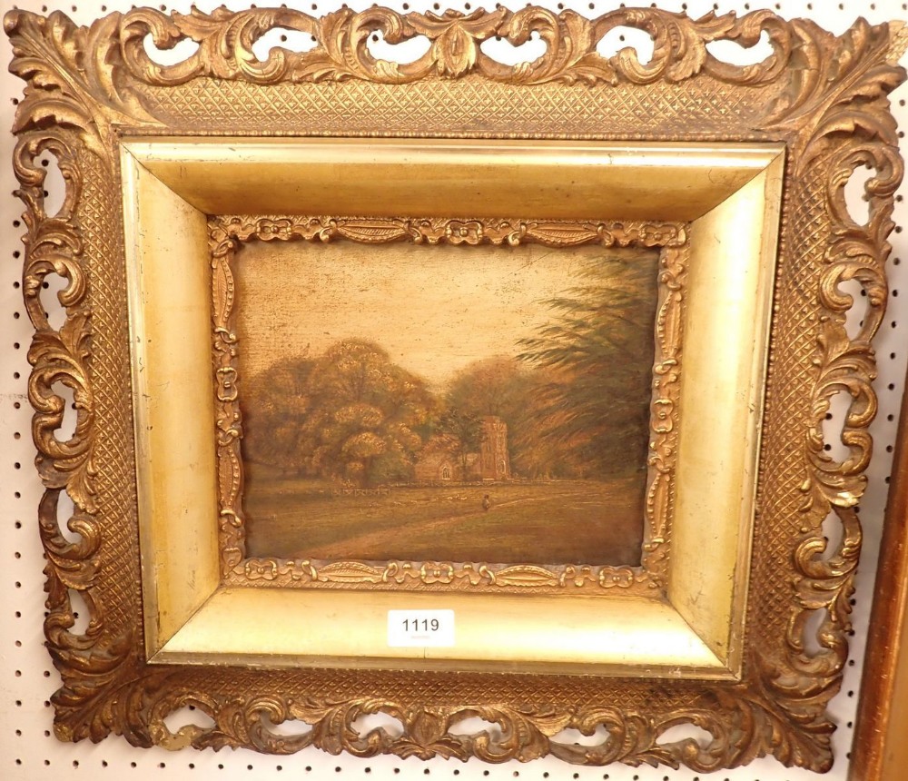 A Victorian oil on artists board landscape with church in gilt frame, 24 x 19cm