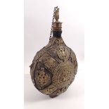 An antique continental brass mounted wooden pilgrims flask, 29cm