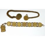 A bracelet of sixpences with miniature antique gilt brass coin or chatelaine purse and a brass fob