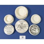 Three Victorian pots for Cold Cream, Burgess's Anchovy Paste and Woods Toothpaste, largest 9cm